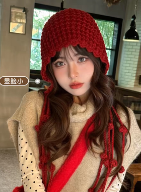 红色流苏钩花护耳包头帽女秋冬