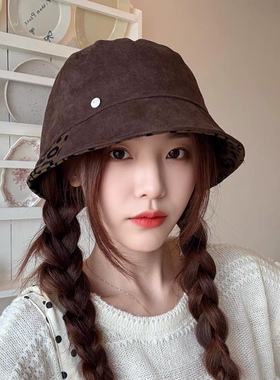 麂皮绒拼接豹纹宽檐渔夫帽显脸小