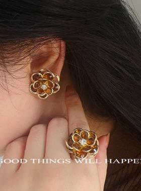 法式高级感茶色水晶花朵耳夹