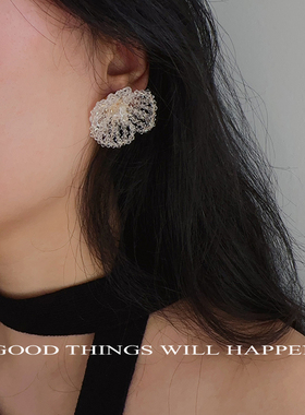 指尖艺术水晶串珠戒指三叶莲编织花朵耳钉套装点亮日常穿搭小礼物