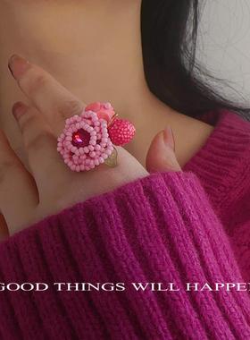 糖心玫瑰戒指女氛围感彩色串珠花朵指环小众设计独特闺蜜度假礼物