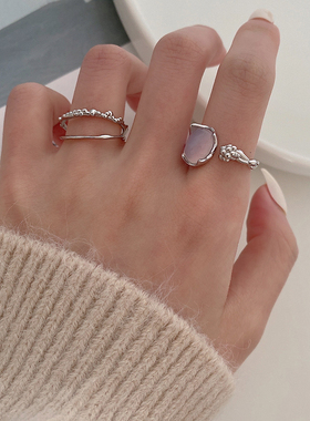 绽放花蕾】通体925纯银戒指不规则开口食指戒子女两件套指环