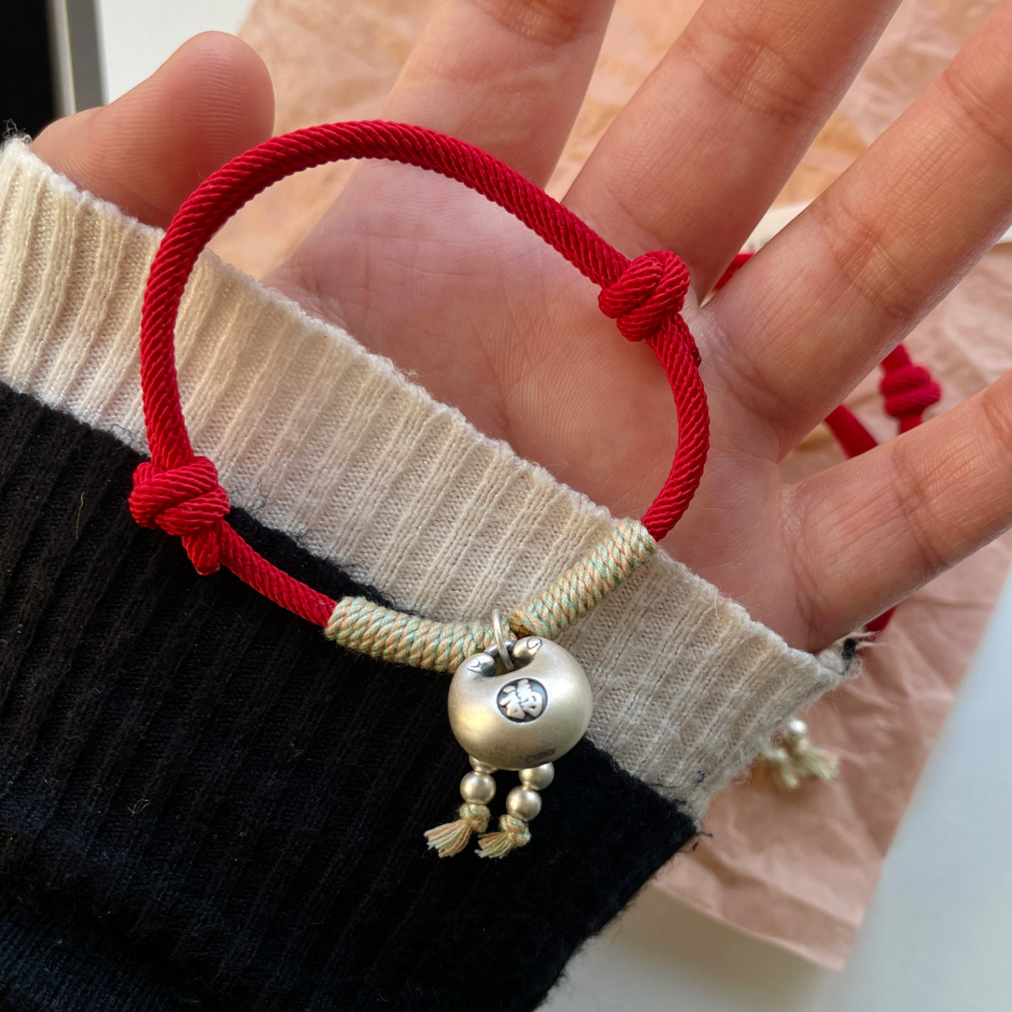 哑光胖福手链】925纯银红绳可爱精致磨砂可调节手环新年礼物红色,淘宝优惠券,粉丝福利购,淘宝优惠卷