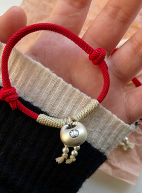哑光胖福手链】925纯银红绳可爱精致磨砂可调节手环新年礼物红色