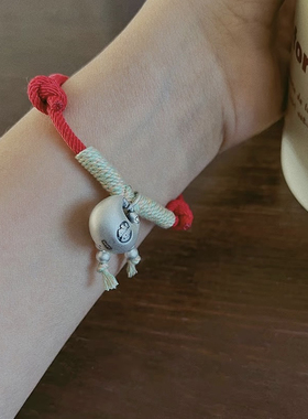哑光小胖福手链】纯银红绳可爱精致磨砂可调节手环新年礼物红色