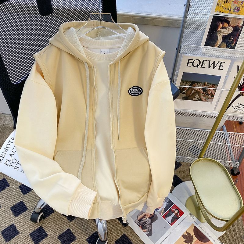 日系羊羔绒棉服马甲男秋冬季加绒加厚连帽上衣宽松原宿风无袖外套 - 图1