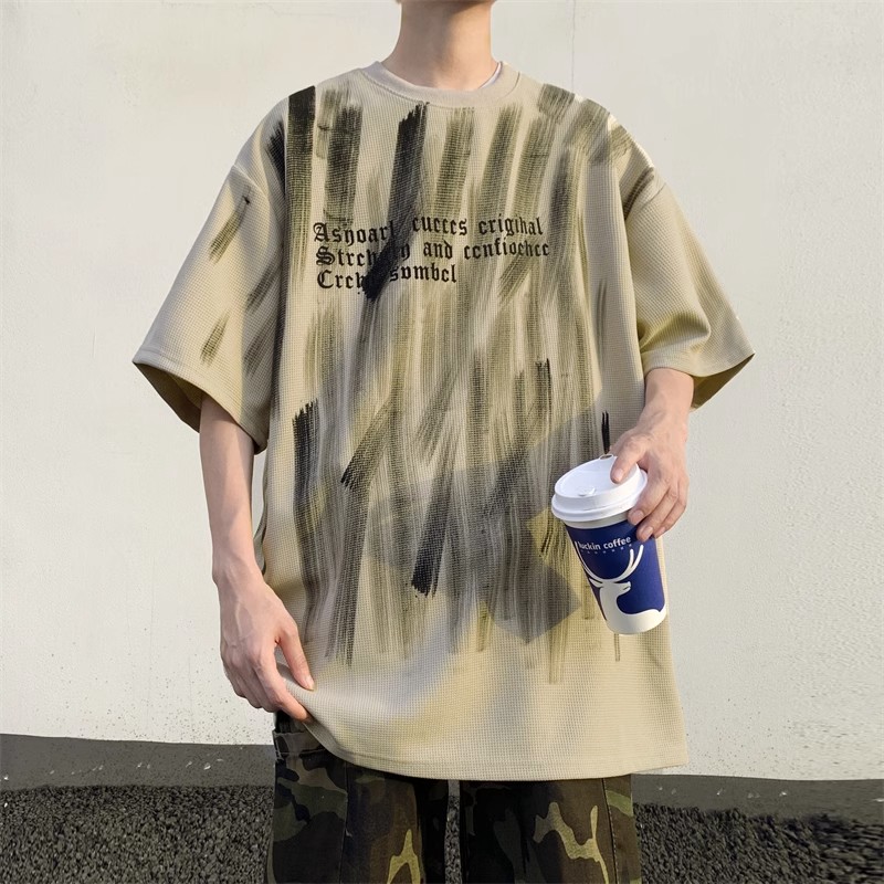 美式新款短袖T恤男夏季小众设计感涂鸦衣服潮流痞帅宽松休闲T恤-图1
