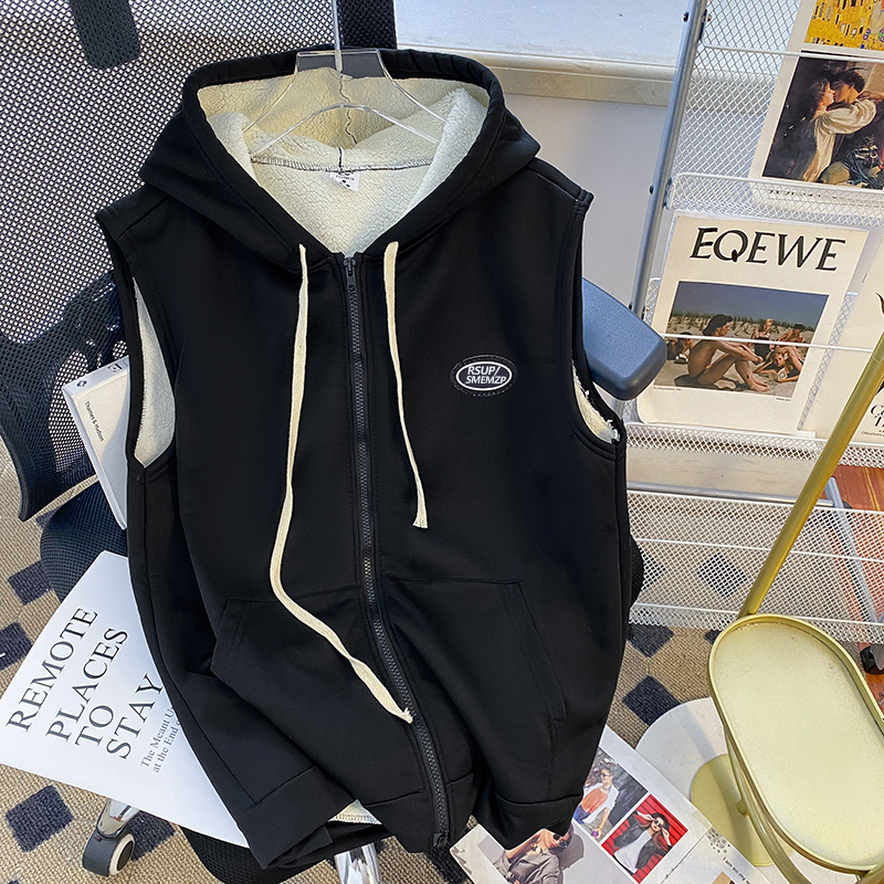 日系羊羔绒棉服马甲男秋冬季加绒加厚连帽上衣宽松原宿风无袖外套 - 图3