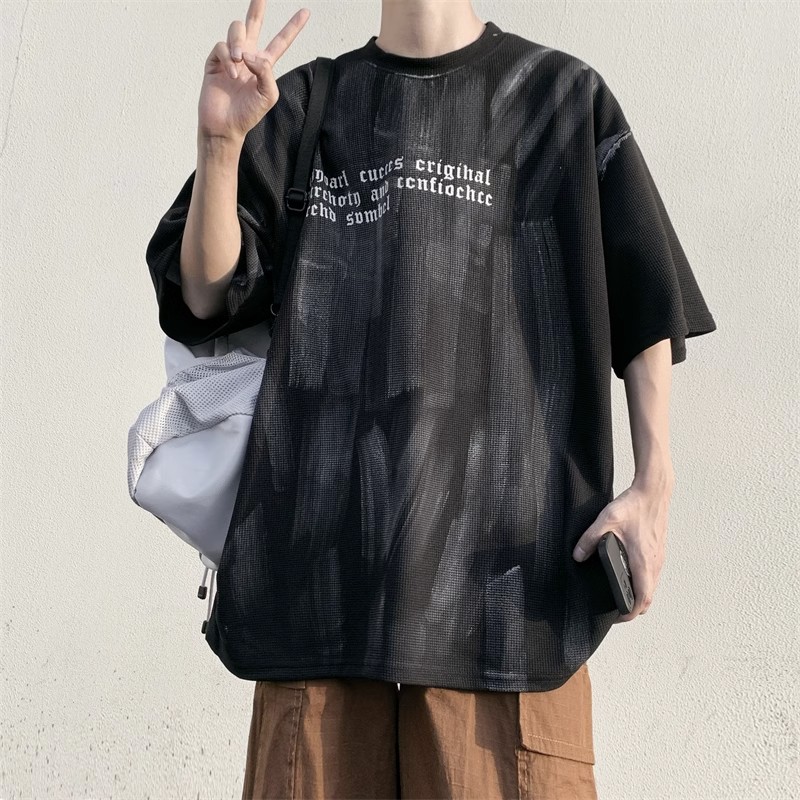 美式新款短袖T恤男夏季小众设计感涂鸦衣服潮流痞帅宽松休闲T恤-图2