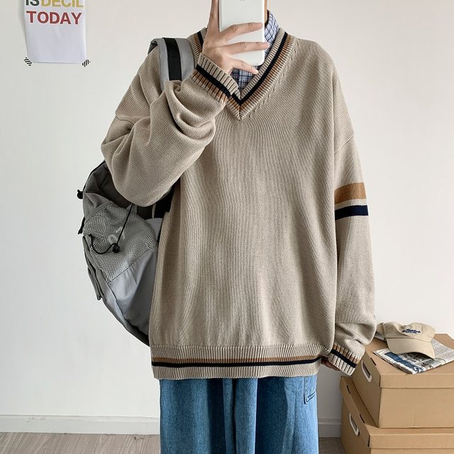 Autumn ins Hong Kong style color-blocked V-neck sweater sweater men's loose sweater student trendy personalized Japanese jacket