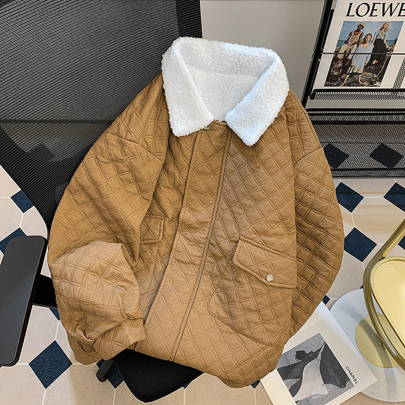 菱形格轻奢短款翻领羽绒棉衣男女冬季羊羔毛棉服高级感外套棉袄子 - 图0