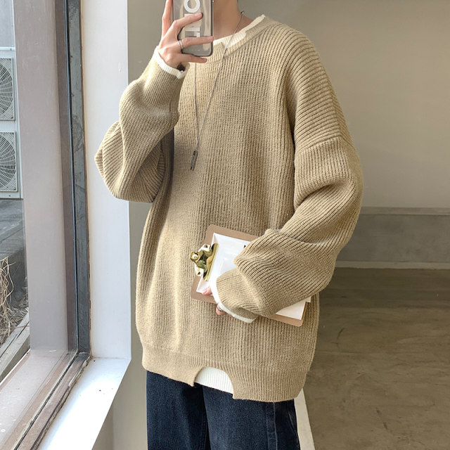 Autumn and winter Hong Kong wind fake two round neck sweaters men's Korean edition loose trendy couple casual pullover bottoming sweater