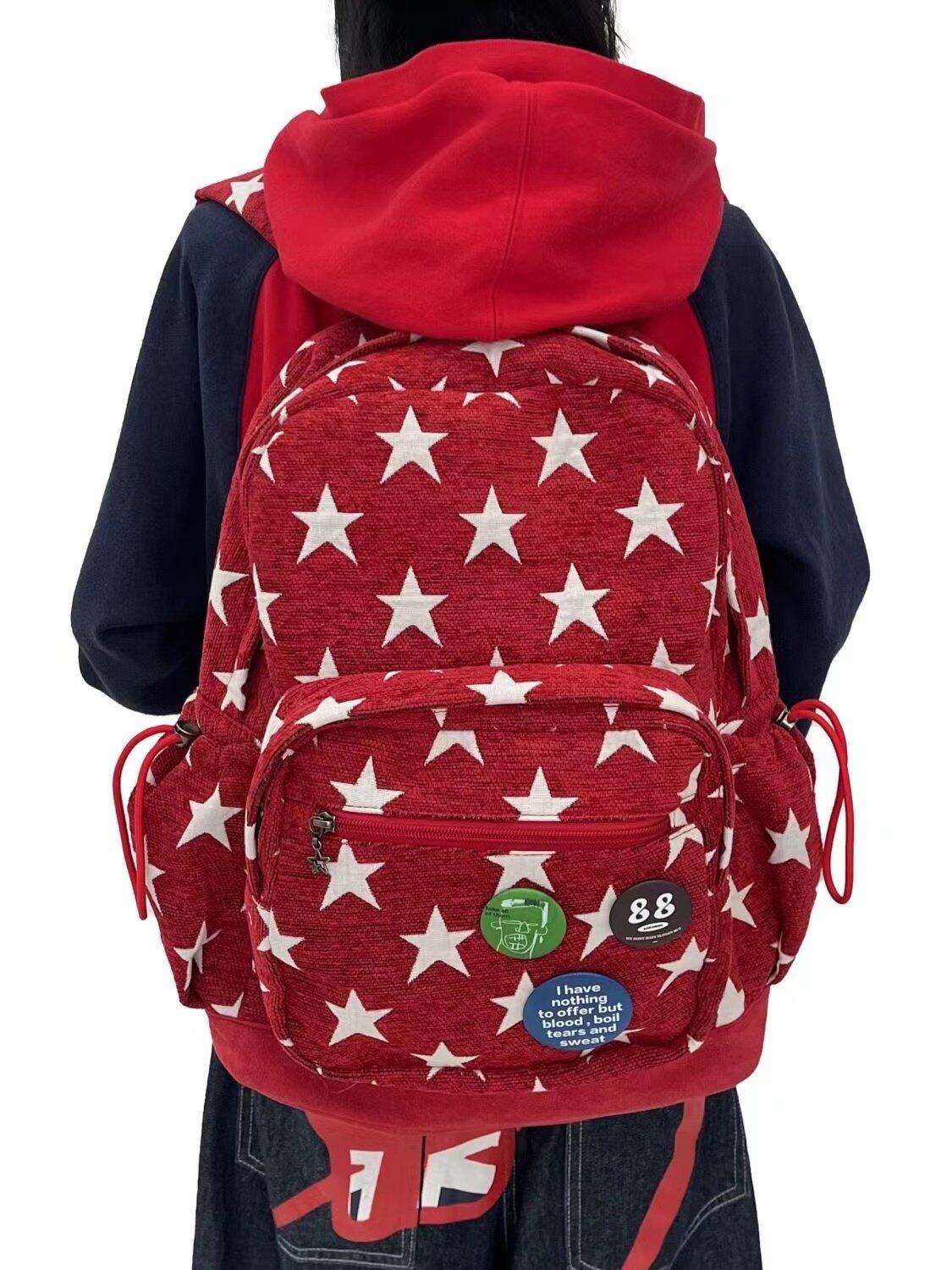 Mirenbu迷人布 拼接双肩包 麂绒星星牛仔条纹大容量情侣百搭春夏 - 图3