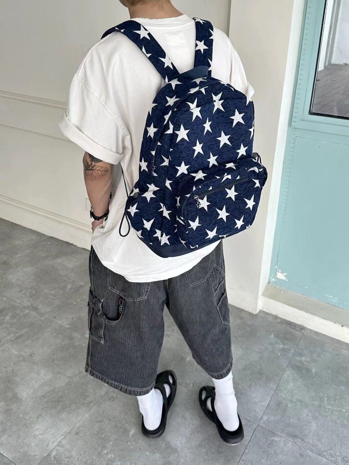 Mirenbu迷人布 拼接双肩包 麂绒星星牛仔条纹大容量情侣百搭春夏 - 图1