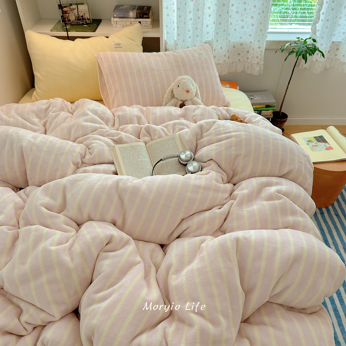 木悠简约条纹秋冬保暖牛奶绒四件套珊瑚绒被套床单学生宿舍三件套,淘宝优惠券,粉丝福利购,淘宝优惠卷