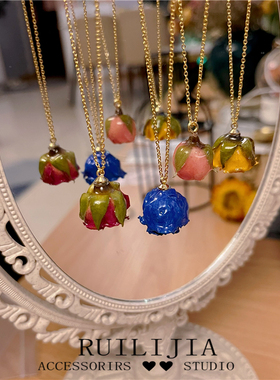 电镀真金干花鲜花女原创定制项链