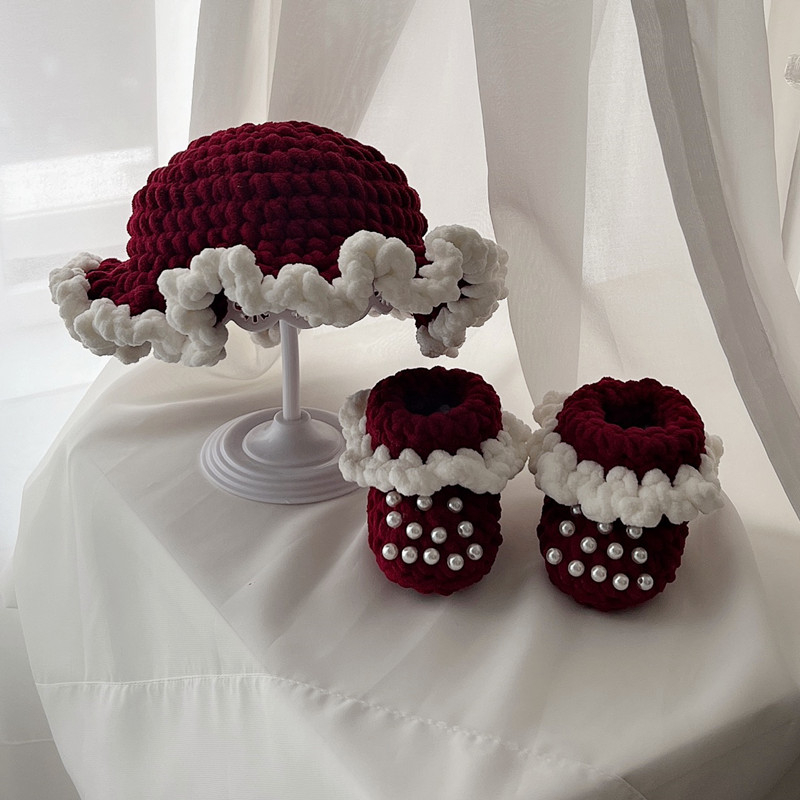 宝宝婴儿鞋帽套装diy材料包手工钩针编织鞋帽绒绒毛线送工具教程 - 图0