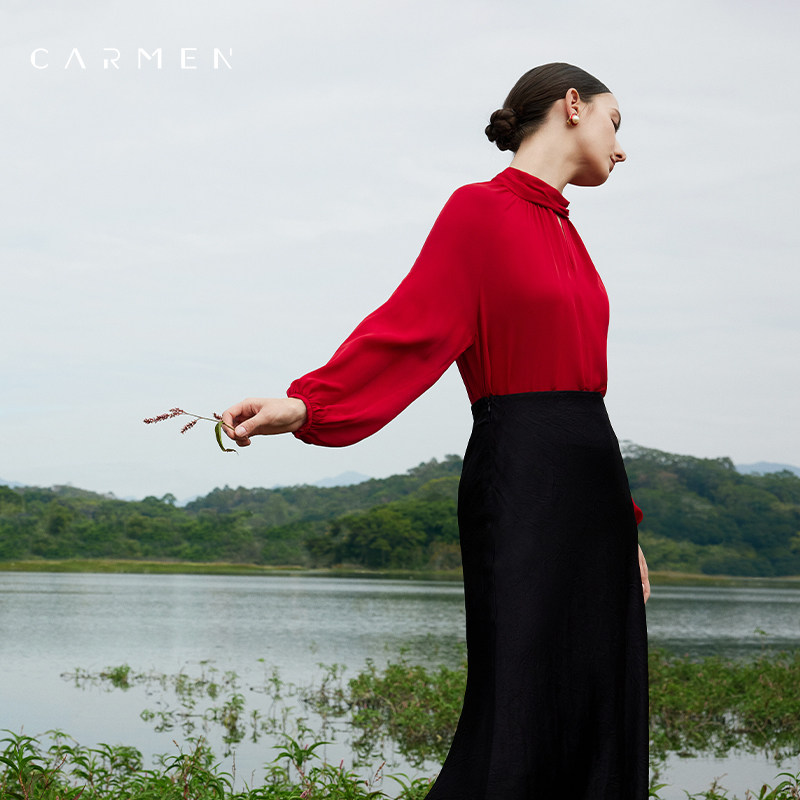 Carmen高端新年红色桑蚕丝衬衫女长袖25秋季设计感OL气质真丝上衣