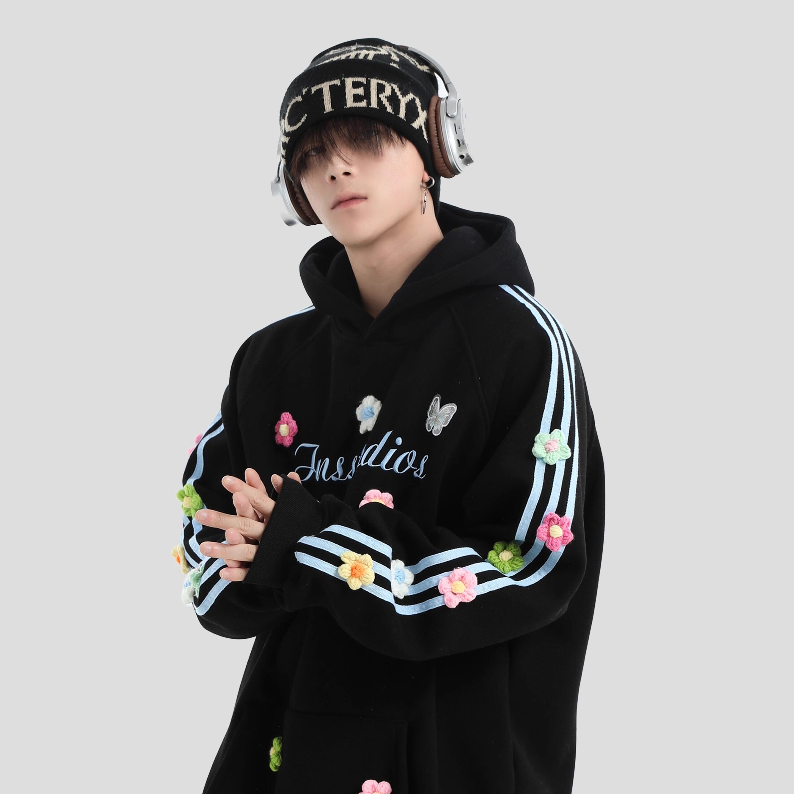 INSstudios 国潮牌情侣美式手缝立体花卉卫衣宽松套头加绒连帽衫