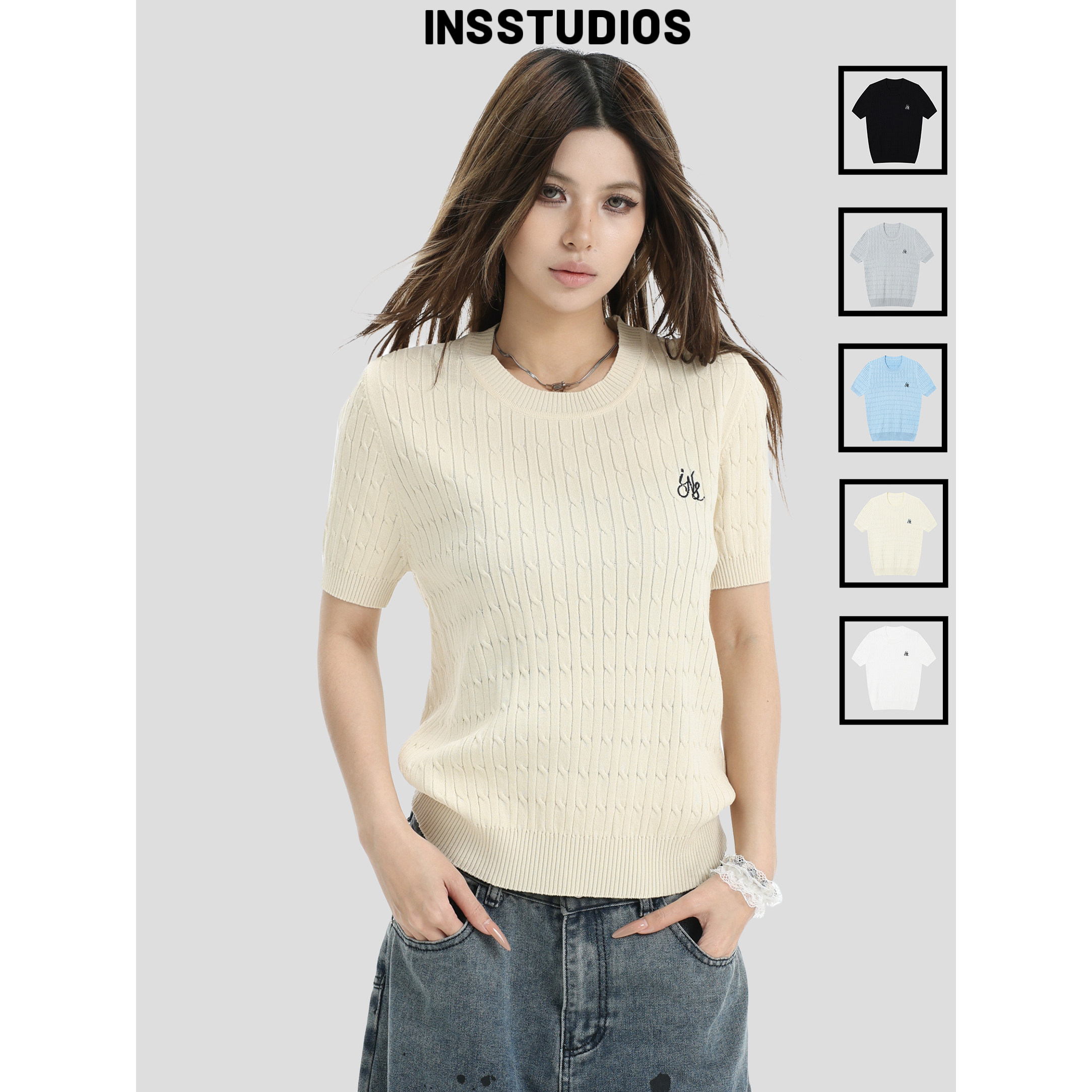 INSstudios 国潮牌情侣美式绞花纹理感老钱正肩短袖麻花针织衫T恤