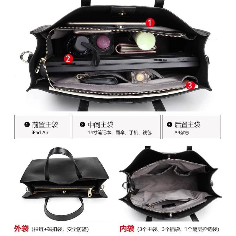 Capacious handheld shoulder bag, genuine leather