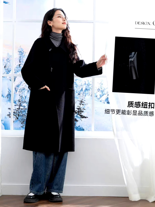 拉谷谷2025年新款秋冬牛角扣100%绵羊毛双面呢中长款黑色大衣女 - 图2