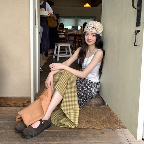 觅定碎花格子拼接半身裙女夏季2025新款高腰显瘦中长版气质裙子 - 图0