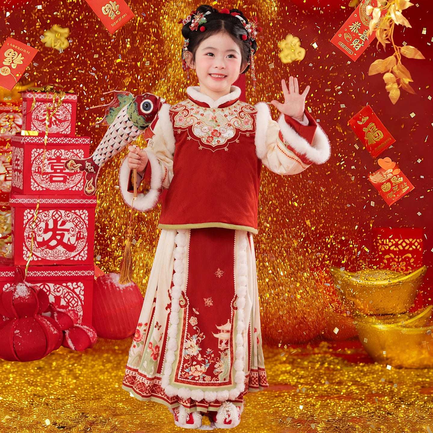 汉服女童冬款儿童中国风红色喜庆拜年服小女孩加绒加厚马面裙套装,淘宝优惠券,粉丝福利购,淘宝优惠卷