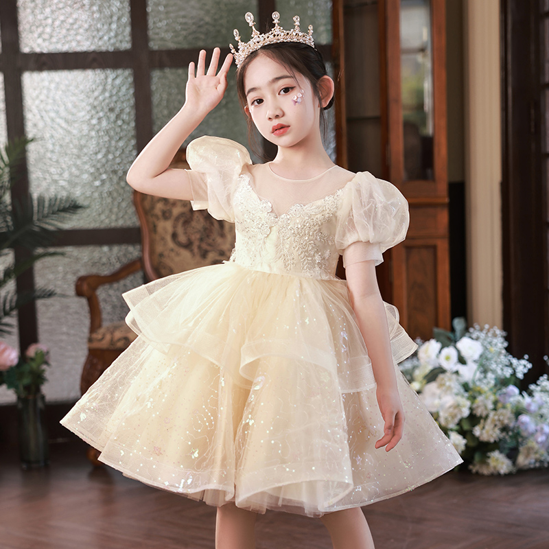 女童礼服主持人高端儿童钢琴演奏演出服公主裙女孩生日花童连衣裙 - 图1