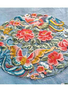 大红色团花圆形补子绣片包包补洞贴花抱枕绣花贴