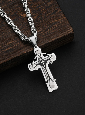 跨境热卖欧美嘻哈三层十字架吊坠不锈钢男士项链朋克配饰
