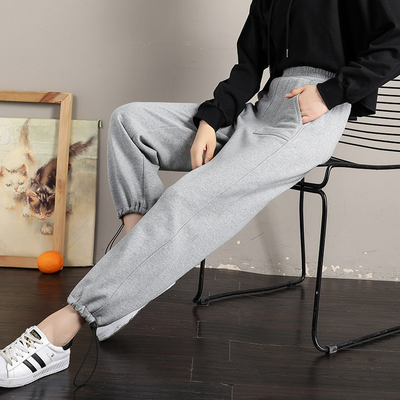 抽绳宽松束脚春秋季胖mm高腰卫裤 三亲休闲裤