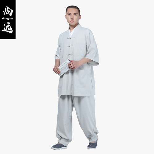 尚远新冰丝夏季七分袖僧服短褂罗汉褂套装僧衣僧装短袖名族汉服男-图0
