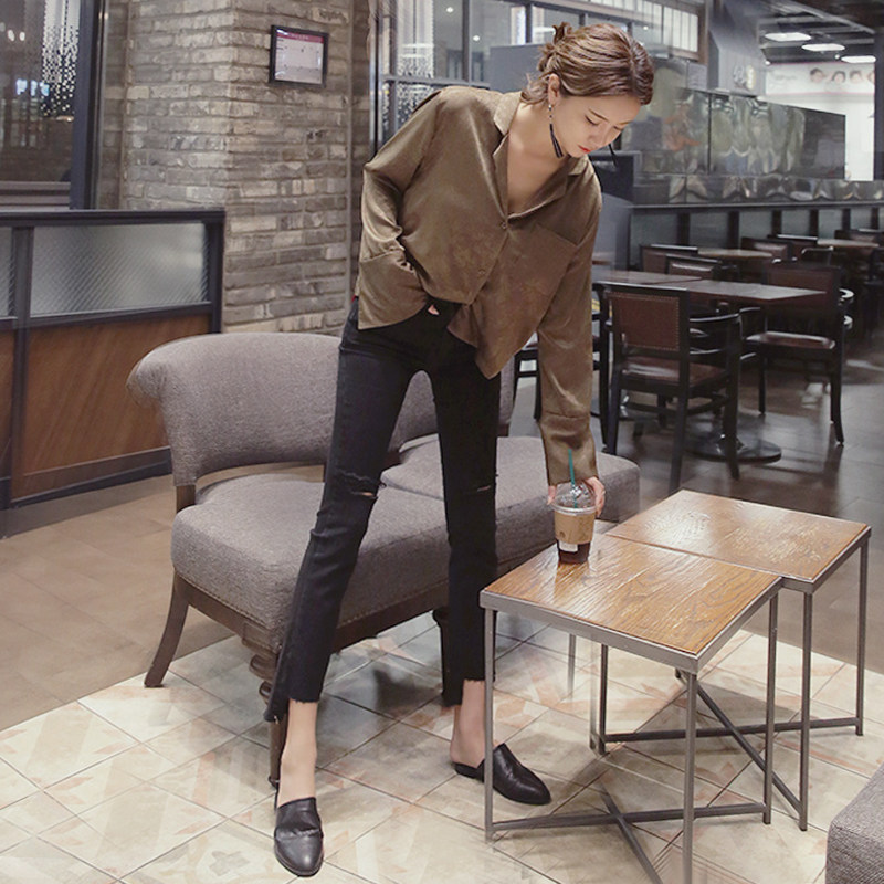 黑色显瘦小个子泫雅九分破洞牛仔裤 米婉萌牛仔裤