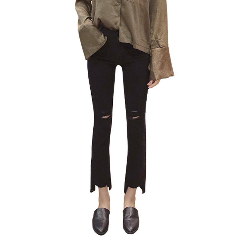 黑色显瘦小个子泫雅九分破洞牛仔裤 米婉萌牛仔裤