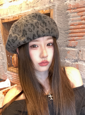 豹纹贝雷帽子女秋冬显脸小复古羊毛毡帽韩版新款洋气百搭画家帽潮