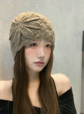 手工钩花包头帽女秋冬保暖针织毛线帽时尚百搭冷帽花朵造型针织帽