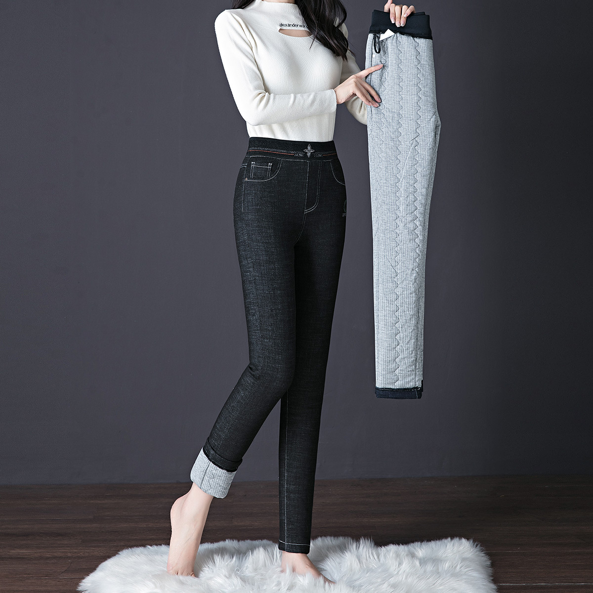 冬季新款中年女裤加厚保暖羊毛绒小脚牛仔裤修身显瘦女士羊绒棉裤
