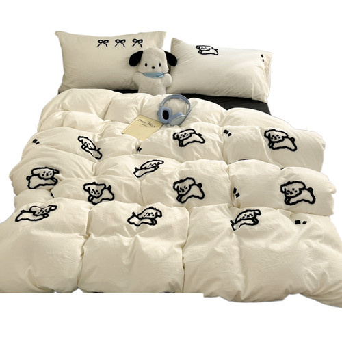 ins线条小狗四件套卡通被套床单人宿舍三件套非全棉纯棉床上用品4 - 图0