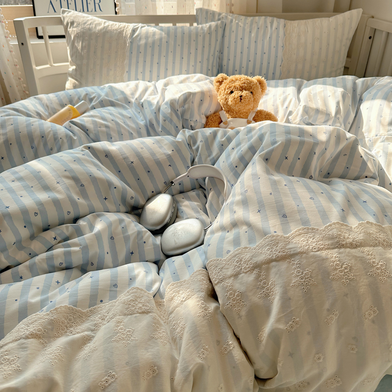 韩系蕾丝花边双层纱四件套非全纯棉被套床单女学生宿舍床上三件套 - 图0