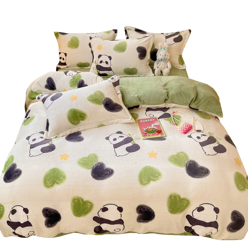 熊猫四件套牛奶绒冬季珊瑚绒被套床单学生宿舍三件套加绒床上用品 - 图0