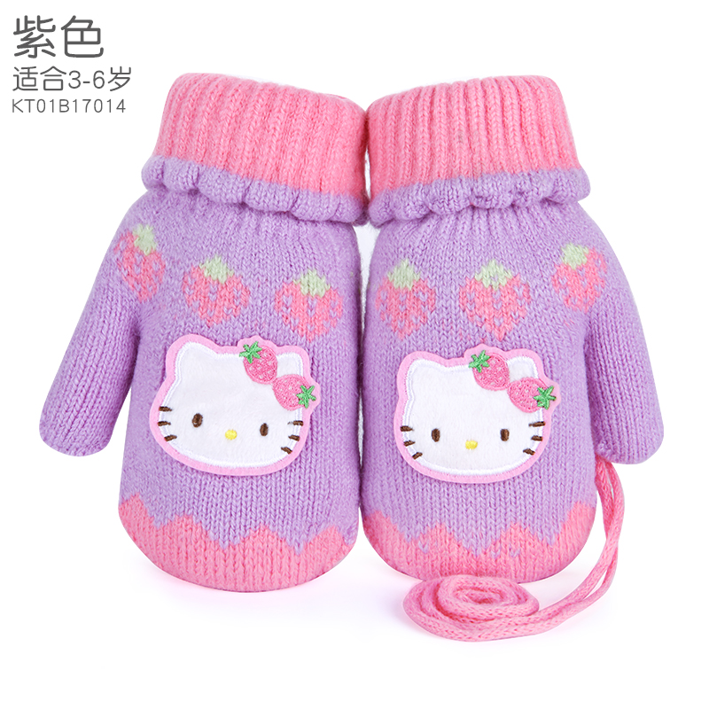 凯蒂猫儿童手套毛线冬季小女孩五指女童可爱挂绳保暖加绒加厚包指