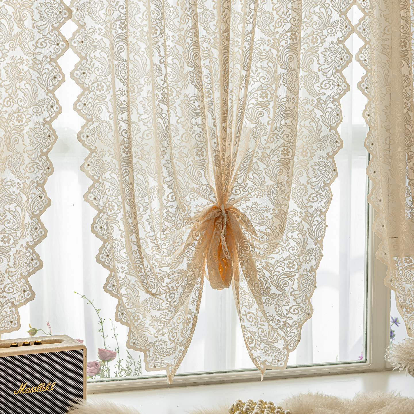 法式蕾丝魔术贴窗帘纱帘女生卧室门帘隔断帘免打孔高级感飘窗阳台,淘宝优惠券,粉丝福利购,淘宝优惠卷