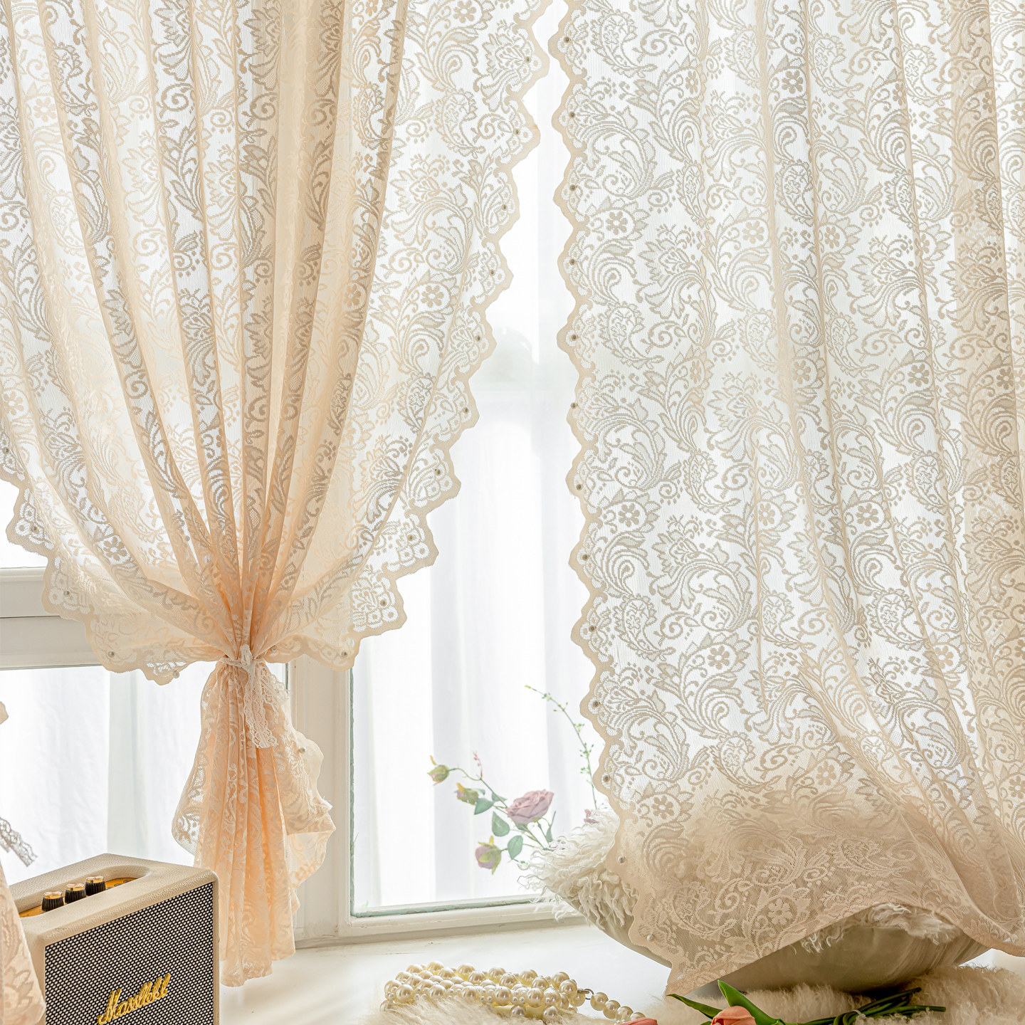 法式蕾丝魔术贴窗帘纱帘女生卧室门帘隔断帘免打孔高级感飘窗阳台,淘宝优惠券,粉丝福利购,淘宝优惠卷