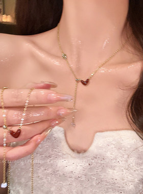 红色滴釉爱心流苏项链女2025新款