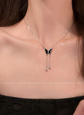 黑色流苏蝴蝶吊坠项链女2026新款