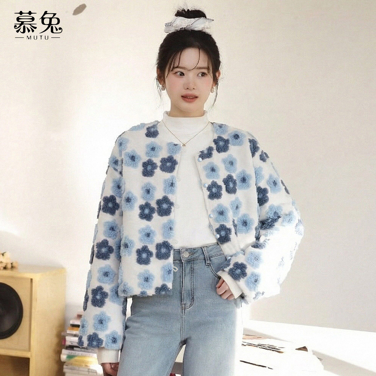 慕兔甜美仿羊羔毛碎花棉衣女2026春季新款小个子宽松圆领棉服外套,淘宝优惠券,粉丝福利购,淘宝优惠卷