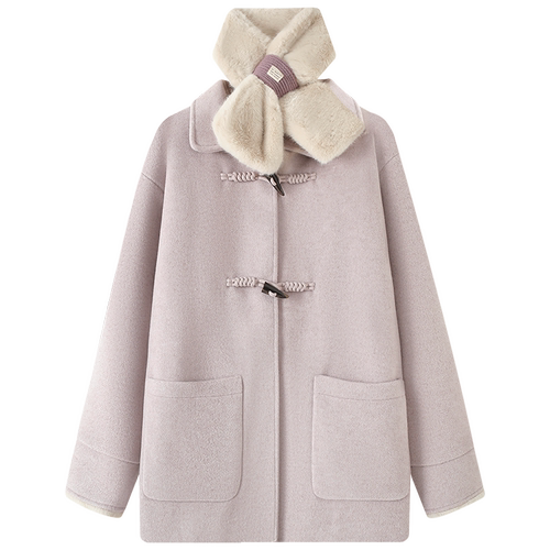 慕兔小个子牛角扣毛呢外套女2025冬季新款加绒加厚中长款呢子大衣 - 图3