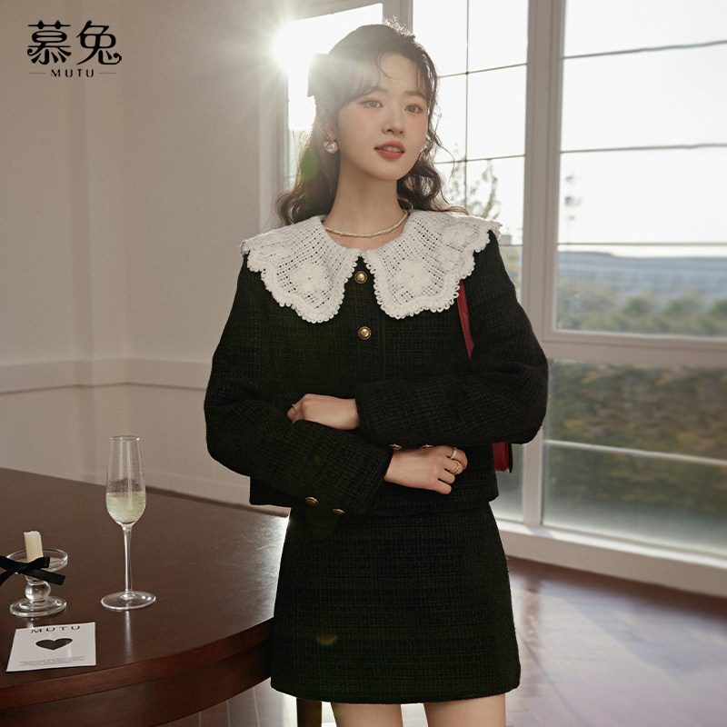 慕兔法式小香风套装女2025秋冬新款娃娃领厚外套上衣半身裙两件套,淘宝优惠券,粉丝福利购,淘宝优惠卷