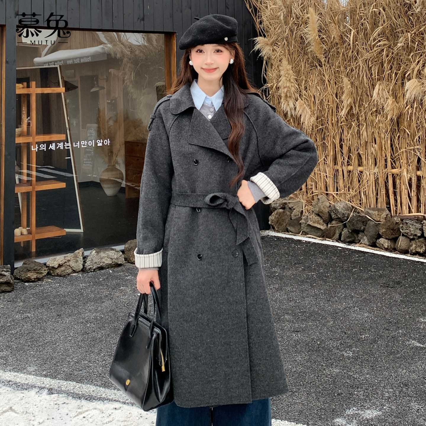 慕兔韩系灰色西装领毛呢大衣女2025冬季新款高级感中长款呢子外套,淘宝优惠券,粉丝福利购,淘宝优惠卷